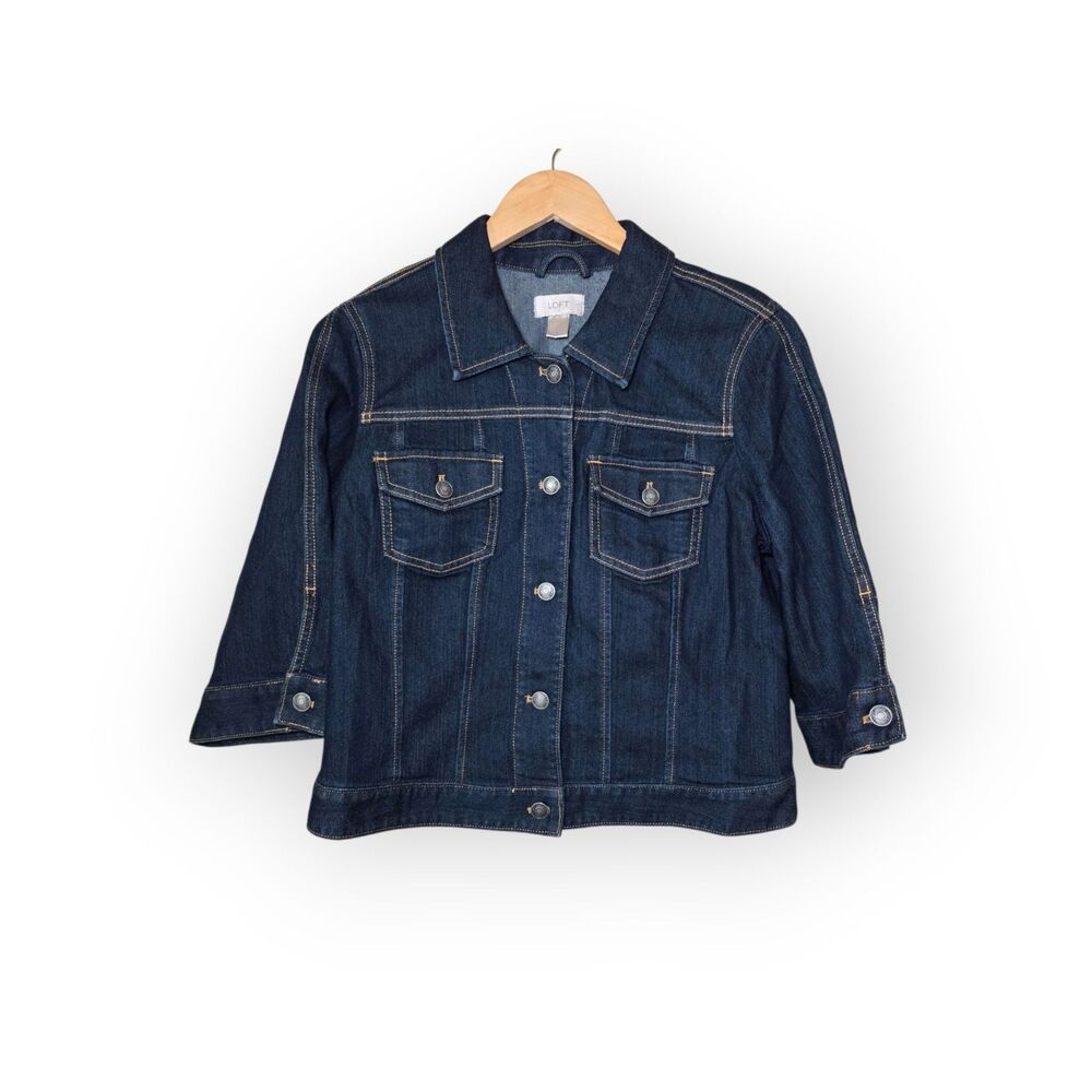 LOFT Dark Wash Denim Trucker Jacket Size Large 3/4 Sleeve Stretch Casual